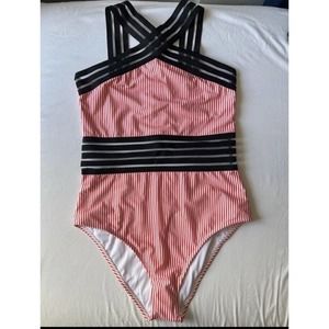 Averie Aava Sevilla Crossover One Piece Swimsuit Striped Orange & White